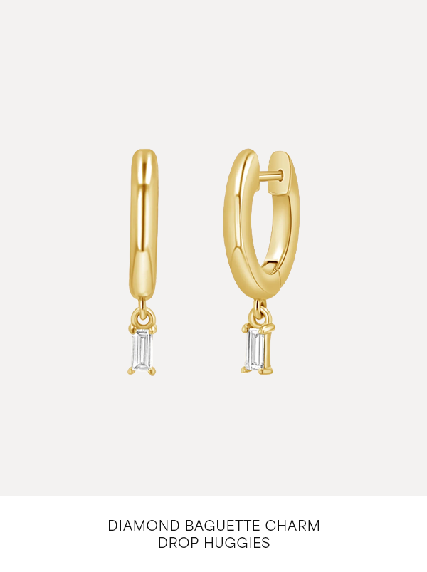 Shop Diamond Baguette Charm Drop Huggies