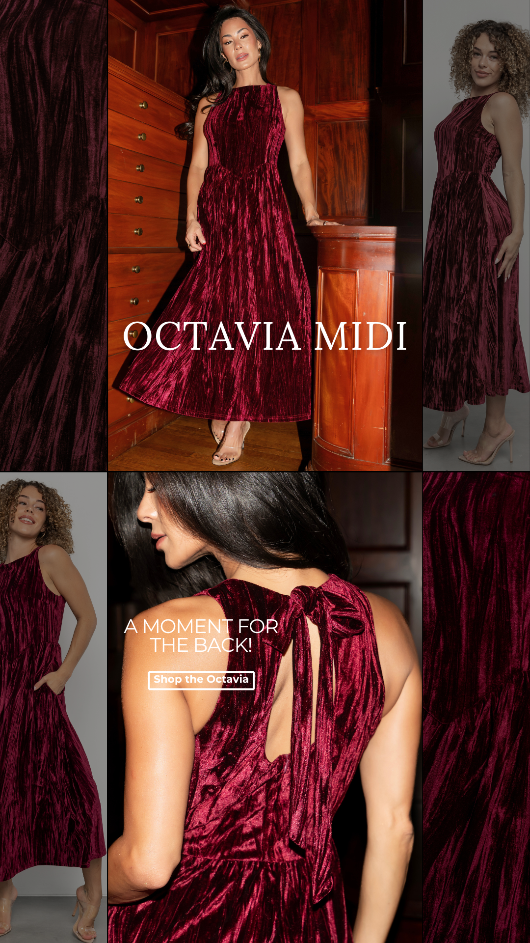 Cranberry velvet midi. Her bow detail and lovely velvet material make this the perfect dress for the holidays!