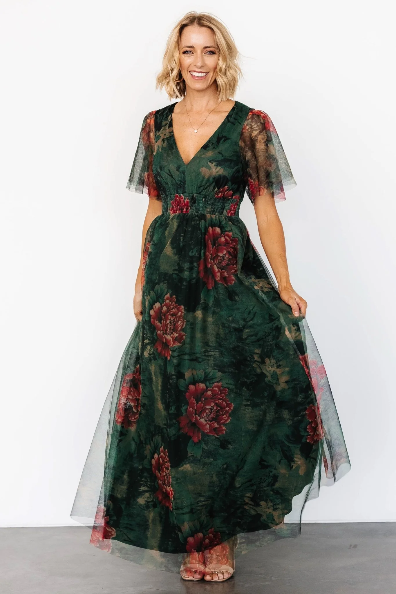 Image of Cressida Tulle Maxi Dress | Dark Green + Red Floral