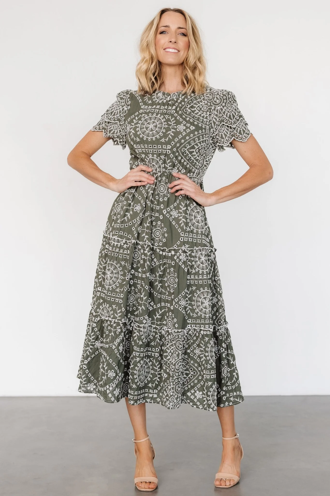 Image of Mirabel Eyelet Midi Dress | Olive + White