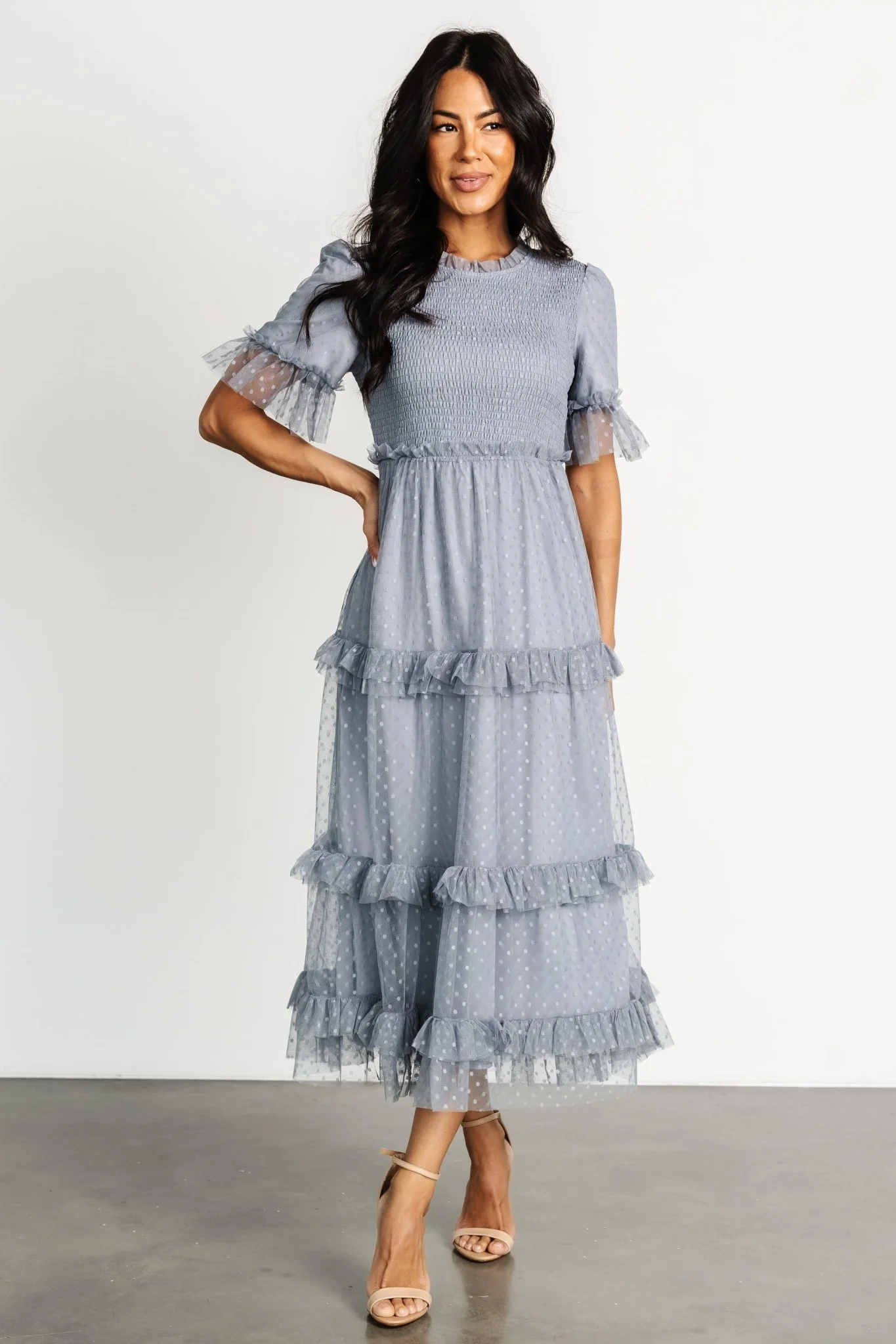 Image of Lysandra Smocked Dot Dress | Dusty Slate