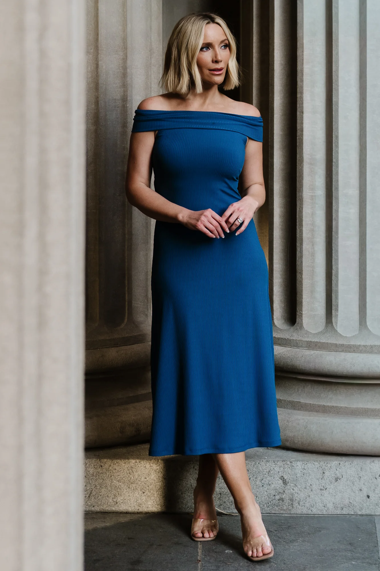 Image of Kay off Shoulder Midi Dress | Navy