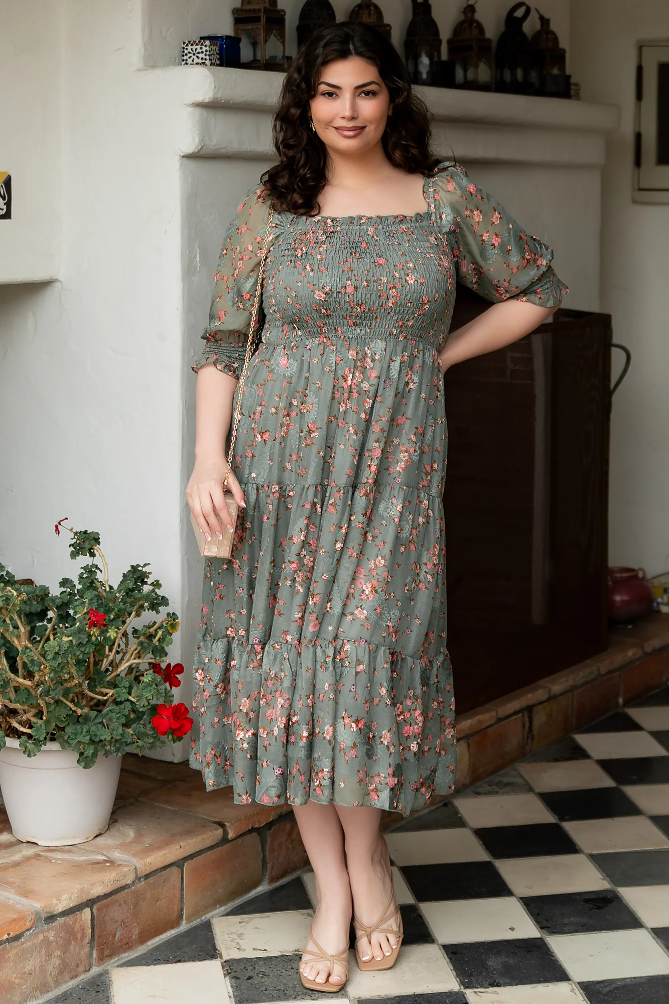 Image of Fabian Jacquard Midi Dress | Eucalyptus + Pink