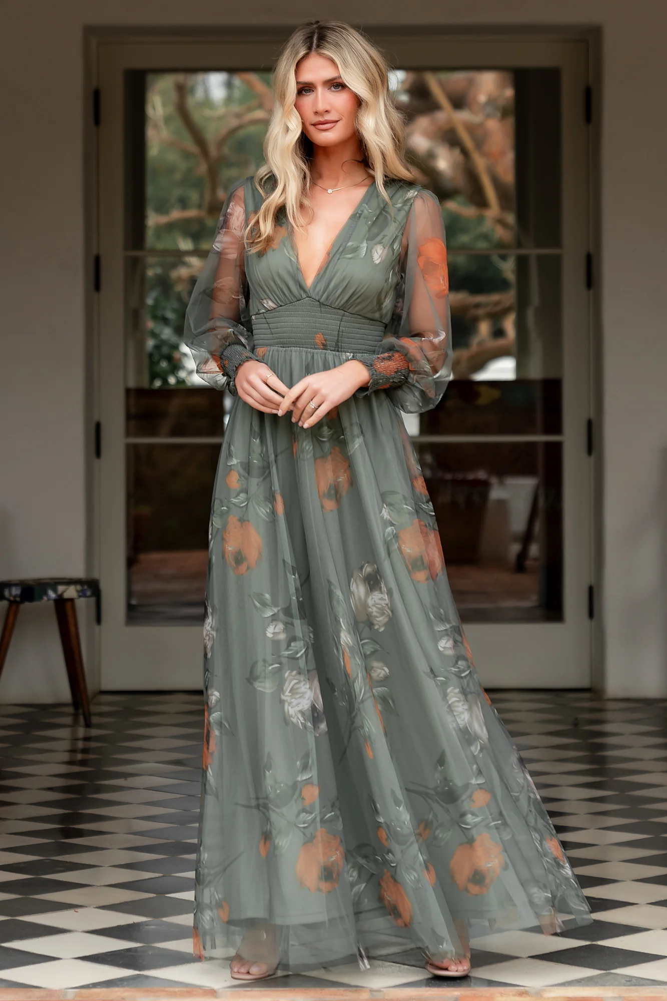 Image of Layla Tulle Maxi Dress | Dusty Olive Floral