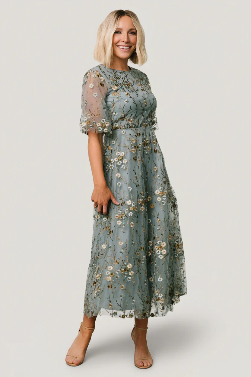 Image of Arabella Embroidered Tulle Maxi Dress | Dusty Blue Floral