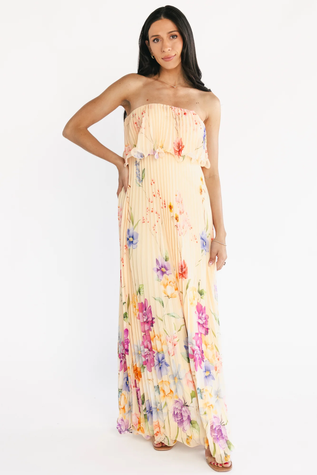 Image of Bloom Pleated Strapless Maxi Dress | Multi Floral