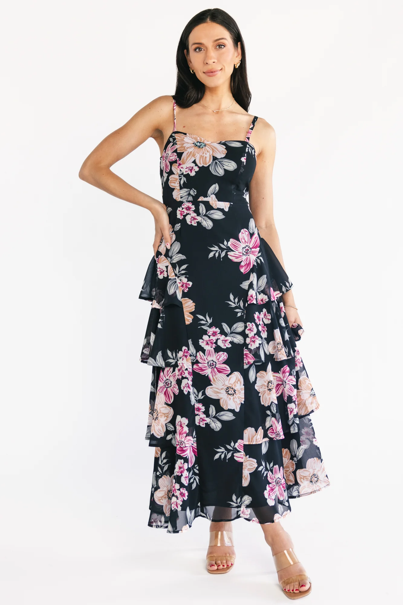 Image of Hallie Tiered Maxi Dress | Black Multi Floral