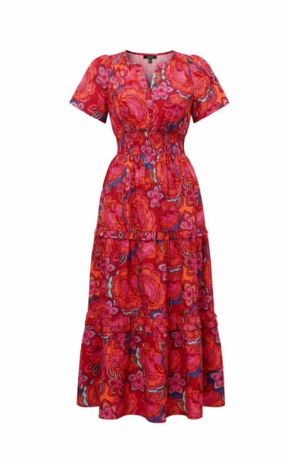  Skip to product information Three-quarter view of Palmer Maxi Dress highlighting tiered ruffled skirt, flowing hem, and the dress’s vibrant red, pink, orange, and blue floral pattern. Open media 1 in modal  Side view showing functional side pocket, smocked waistband, and gentle A-line drape of the Palmer Tiered Maxi Dress in multi floral. Open media 3 in modal Back view of Palmer Tiered Maxi Dress revealing tiered ruffles, full maxi length, and lightweight unlined cotton construction in multi floral. Open media 4 in modal Model wearing Palmer Tiered Maxi Dress full-length to show fit, proportion, and movement of ruffled tiers in the multi floral colorway. Open media 5 in modal Close-up of smocked waistband and fabric texture on the Palmer Tiered Maxi Dress, highlighting detailing and 100% cotton weave. Open media 6 in modal Front view of Palmer Tiered Maxi Dress in multi floral print, showing deep V-neckline, short sleeves, and smocked waist for a flattering silhouette. Open media 7 in modal Palmer Tiered Maxi Dress