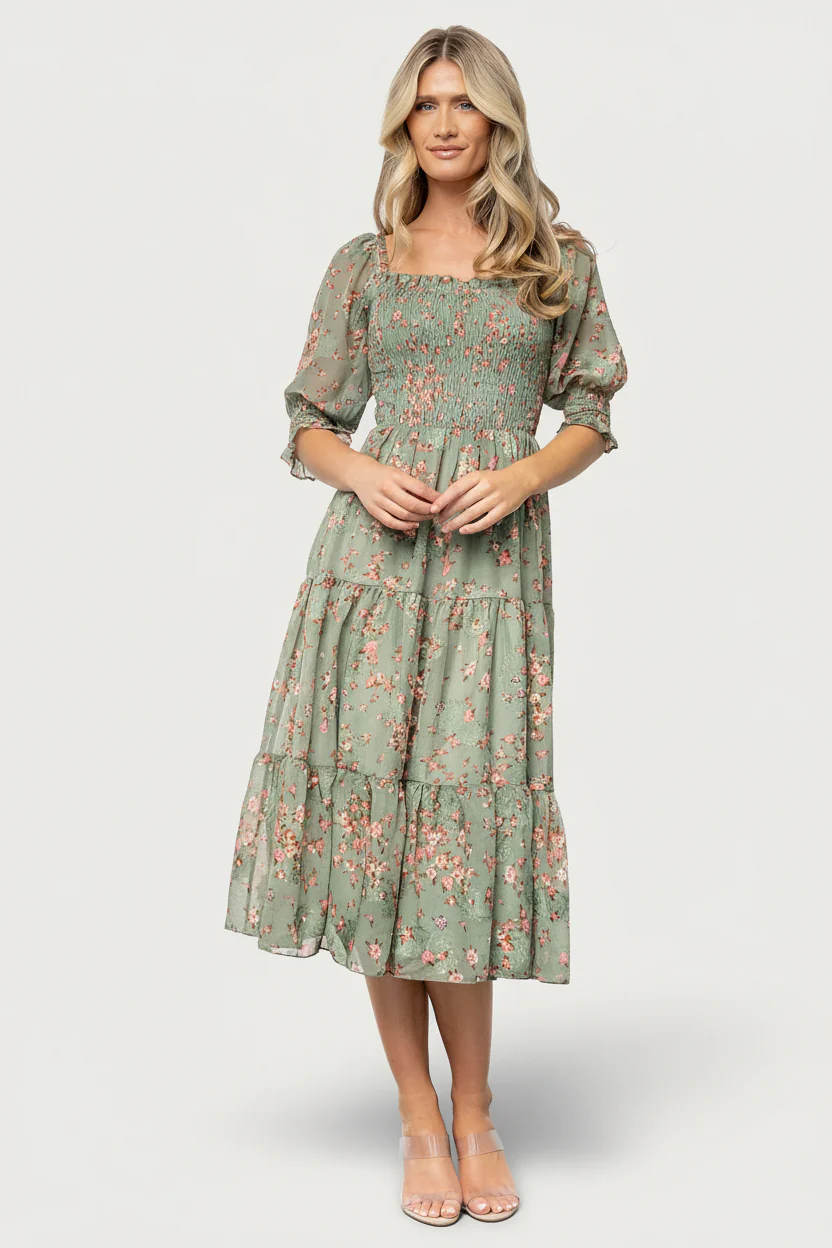 Image of Fabian Jacquard Midi Dress | Eucalyptus + Pink