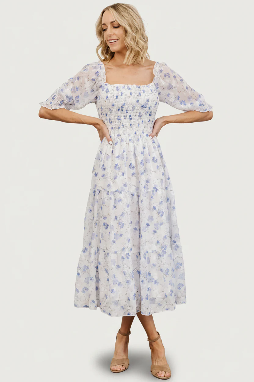 Image of Fabian Jacquard Midi Dress | Blue Floral