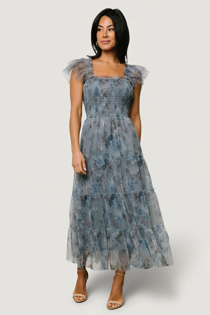 Image of Clementine Tulle Midi Dress | Dusty Blue Floral