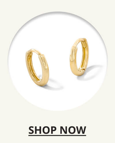 10K Solid Gold Huggie Hoops. Click to Shop Now.