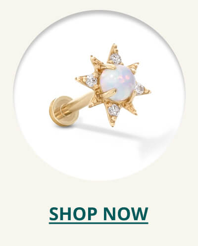 14K Gold Tube Simulated Opal and CZ Starburst Stud - 18G 5/16