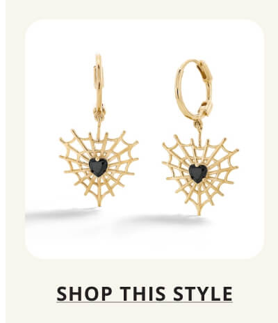 10K Gold Black Glass Heart Web Huggie Hoops
