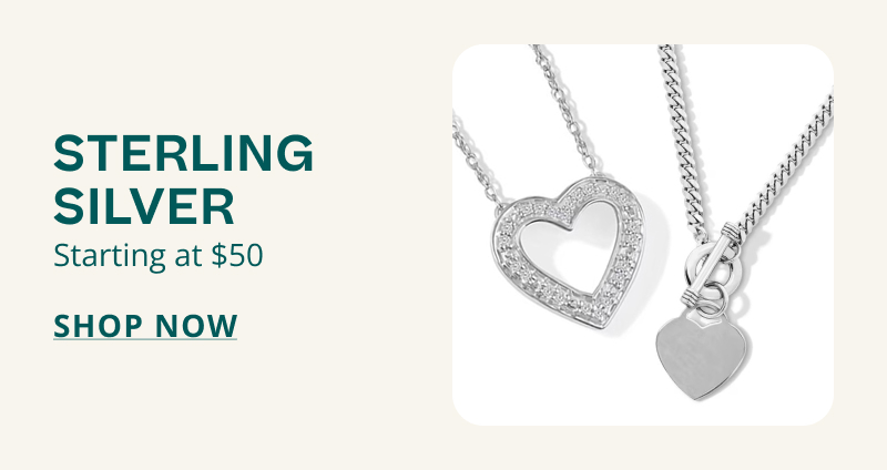 Two chunky, diverse silver heart necklaces. Sterling silver. Starting at $50. Click here to shop now