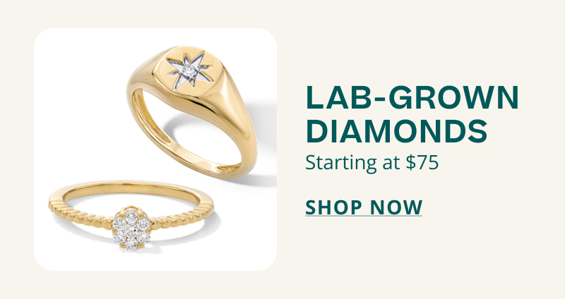 Two gold, diamond rings. Lab-Grown Diamonds. Starting at $75. Click here to shop now
