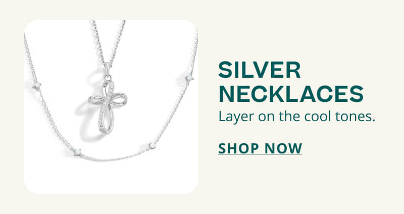 Display of two layered silver necklaces. Silver necklaces. Layer on cool tones. Click here to shop now