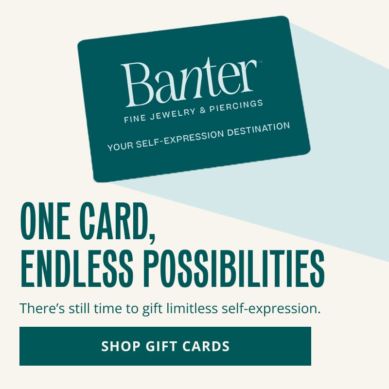 Floating Banter gift card. One card, endless possibilities. Gift limitless self-expression. Click here to shop gift cards