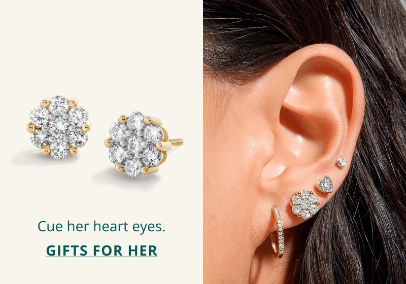 Clustered gold diamond studs. Emphasis on ear with unique diamond huggies and studs. Cue her heart eyes. Click here for gifts for her