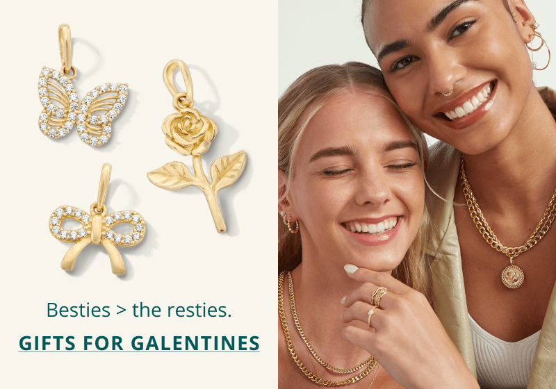 Diamond and gold pendants. Two models smiling in said jewelry. Besties. Click here for gifts for galentines