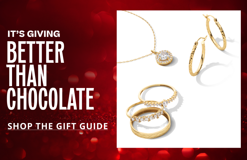 Array of gold and diamond rings, hoop earrings and necklaces. Better than chocolate. Click here to shop the gift guide