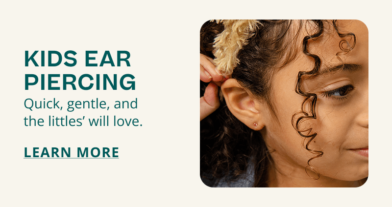 Child with pink stud in ear. Kids ear piercing. Quick, gentle. Click here to learn more