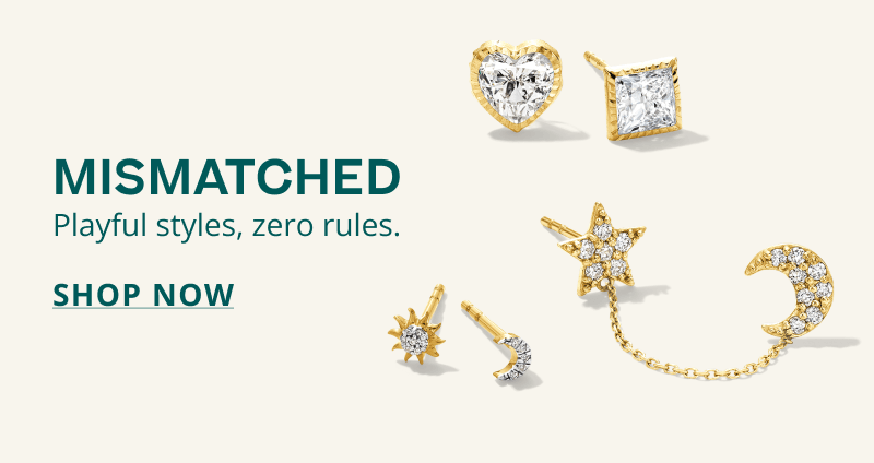 Gold, diamond studs (including shapes of moons, hearts, stars etc). Mismatched. Playful styles, zero rules. Click here to shop now