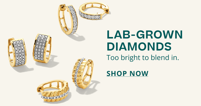Diverse gold and diamond huggies. Lab-grown diamonds. Too bright to blend in. Click here to shop now