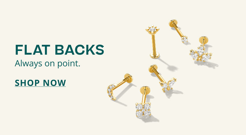 Assortment of gold flat back earrings, with uniquely shaped diamonds. Flat backs. Always on point. Click here to shop now