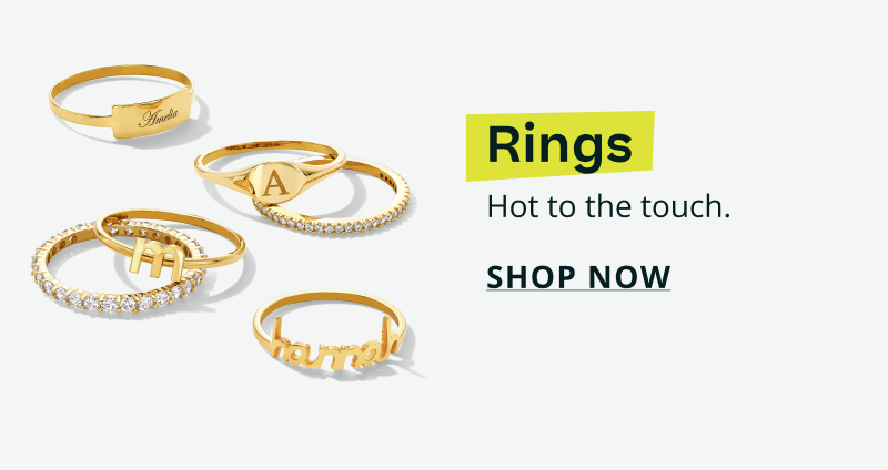 Gold rings with encrusted diamonds, patterns, initials and nameplates. Rings. Hot to the touch. Click here to shop now