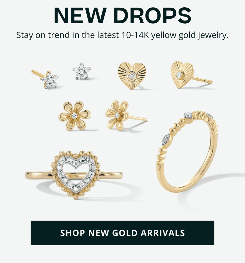 Floating imagery of diverse gold jewelry. New drops. Stay on trend in 10 & 14K yellow gold jewelry. Click here to shop new gold arrivals