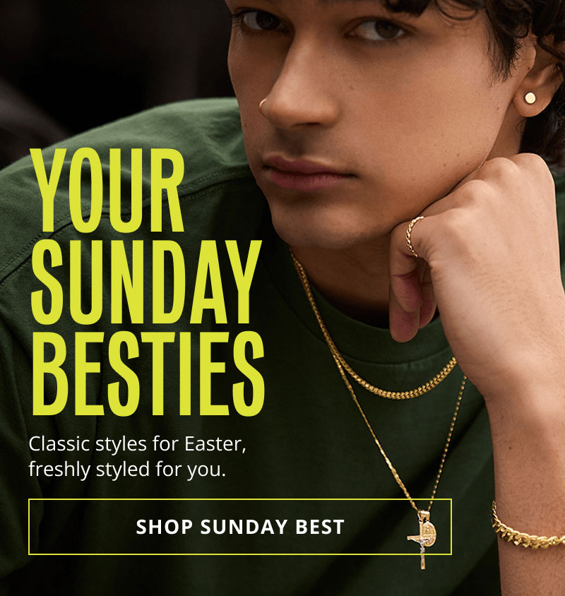 Male model wearing gold jewelry, including nose ring and necklaces. Sunday besties. Classics for Easter. Click here to shop sunday best