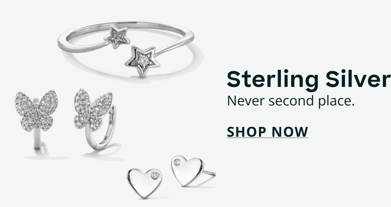 Silver ring and varied silver butterfly and heart stud earrings. Sterling silver. Never second place. Click here to shop now