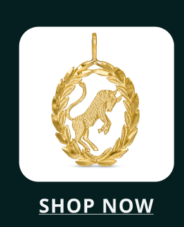 Gold pendant featuring a bull emblem framed by a wreath. Click here to shop now