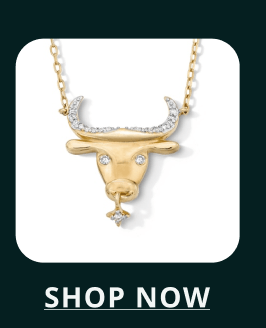 Gold bull-head pendant accented with stones on chain. Click here to shop now