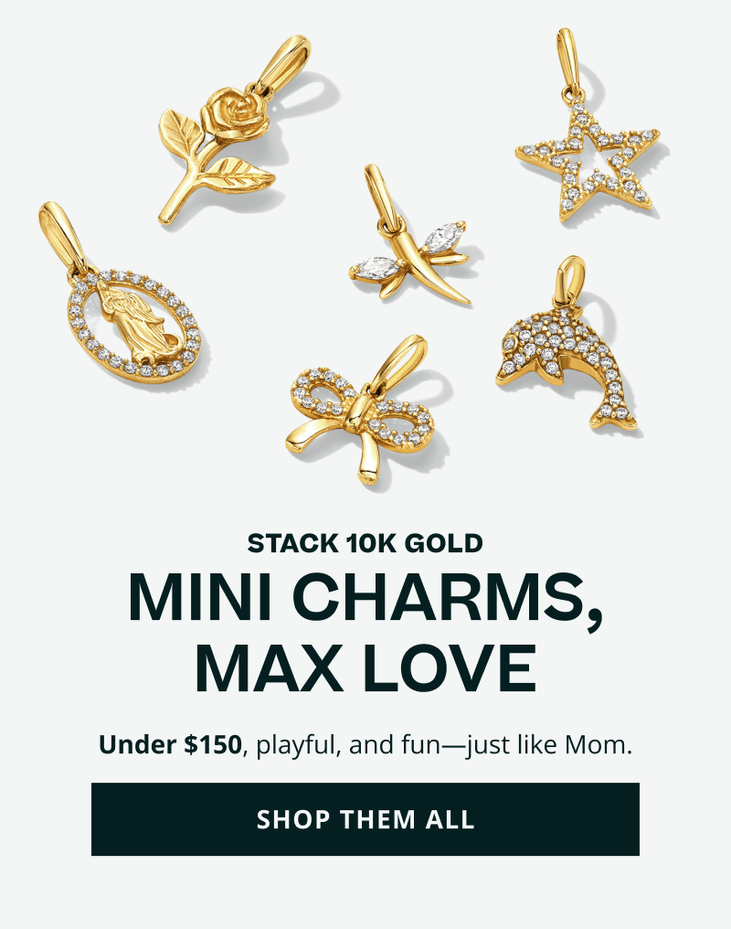 Diamond-set gold charms, including rose and star motifs. 10K gold mini charms, under $150. Click here to shop them all