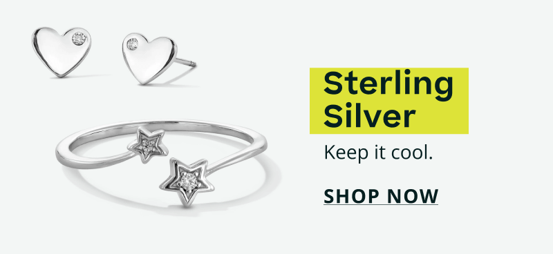 Silver heart studs & celestial-themed bypass ring with two offset stars. Sterling silver. Keep it cool. Click here to shop now