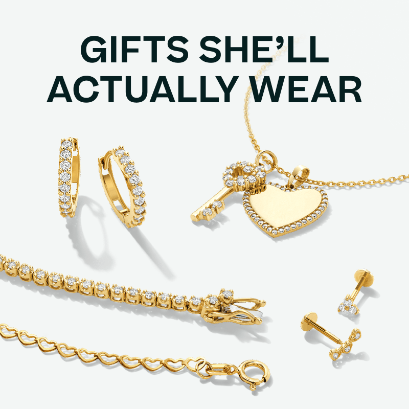 Gold heart & key pendants, huggies, bracelet, heart link chain & studs with diamonds. Gifts she’ll wear. Click here to shop the gift guide