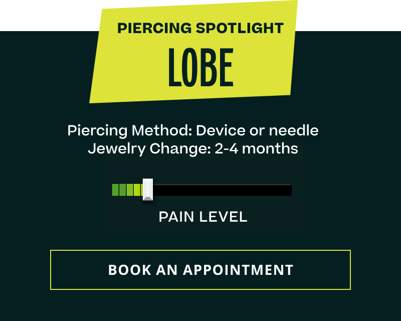 Model’s pavé diamond stud on lobe, circled. Lobe. Method: device/needle. Change 2-4 months. Pain level low. Click here to book an appointment