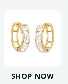 Gold huggies featuring row of pavé square-cut stones. Click here to shop now