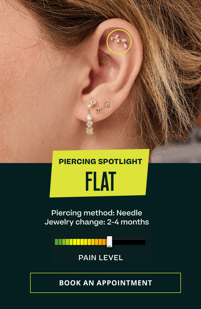 Ear stack focus on climber in the upper cartilage. Spotlight: Flat. Needle. Change 2-4 months. Moderate pain rating meter. Click here to book appointment