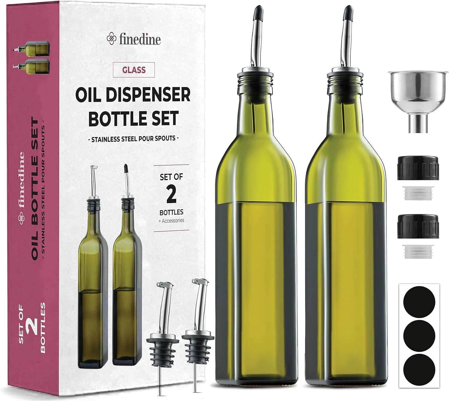 Image of FineDine Glass Oil Bottle Set with Refill Funnel, Pouring Spouts & Labels