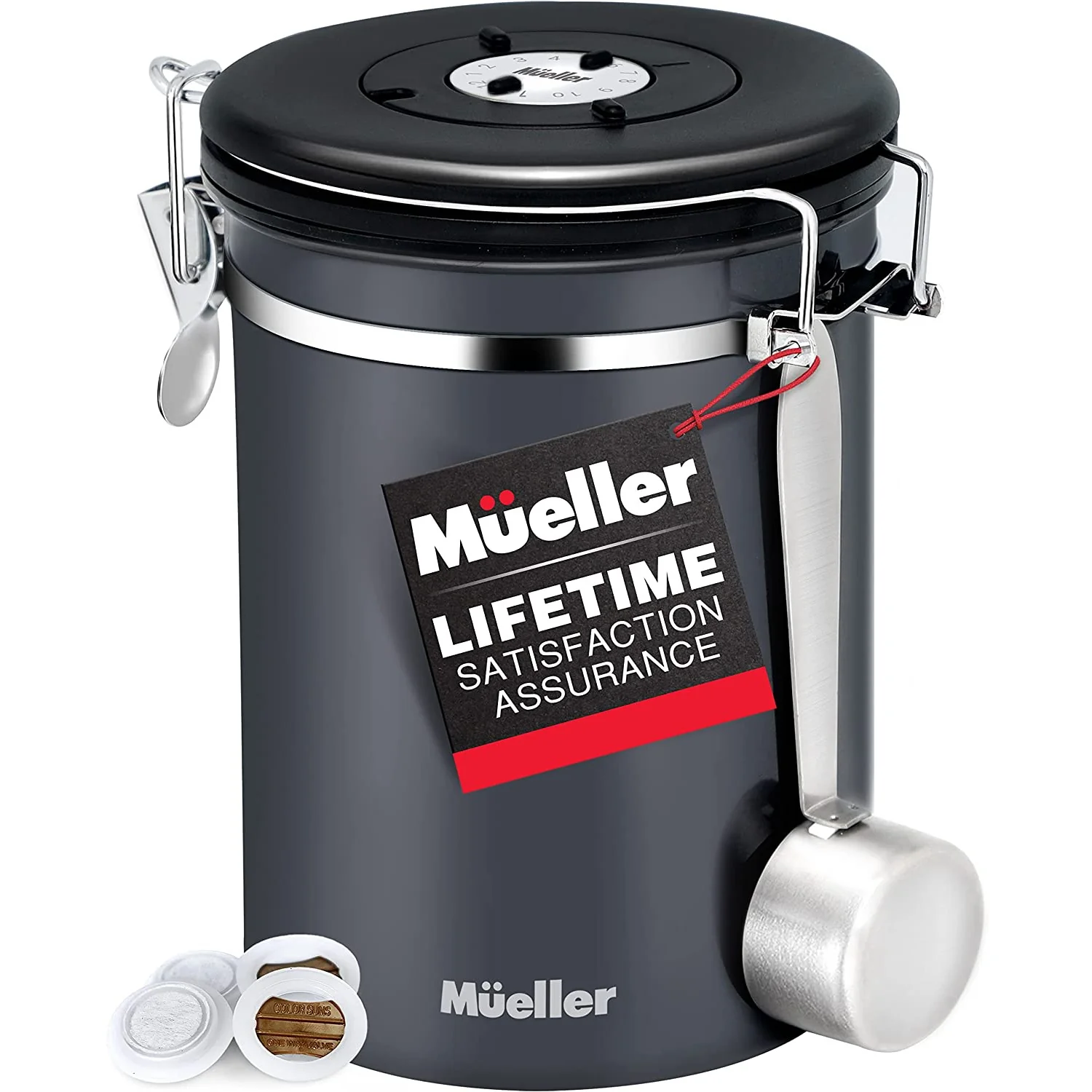 Image of Mueller 21oz Coffee Canister Stainless Steel Container with Day and Month Tracker, Stainless Steel Spoon Included