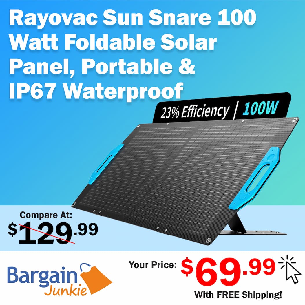https://www.bargainjunkie.com/products/rayovac-sun-snare-100-watt-foldable-solar-panel-ip67-waterproof-monocrystalline-23-conversion-rate-lightweight-integrated-design-optical-sundial-9-8-foot-mc4-charging-cable-adjustable-kickstand
