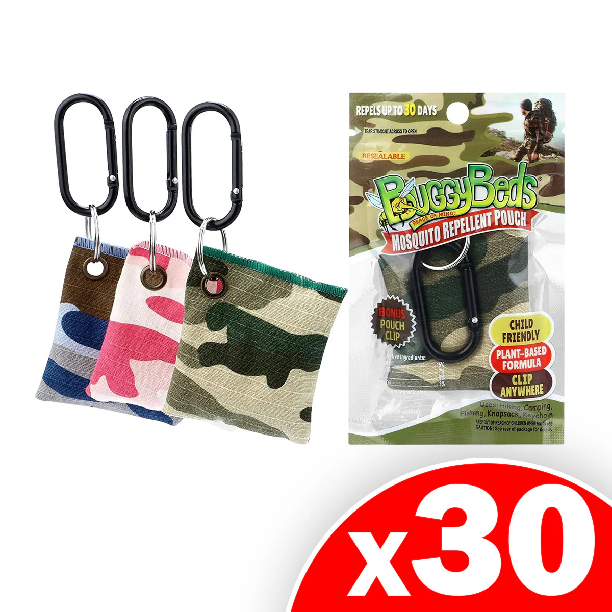 Image of BuggyBeds Mosquito Repellent Pouches with Pouch Clip, 30 Packs of 3