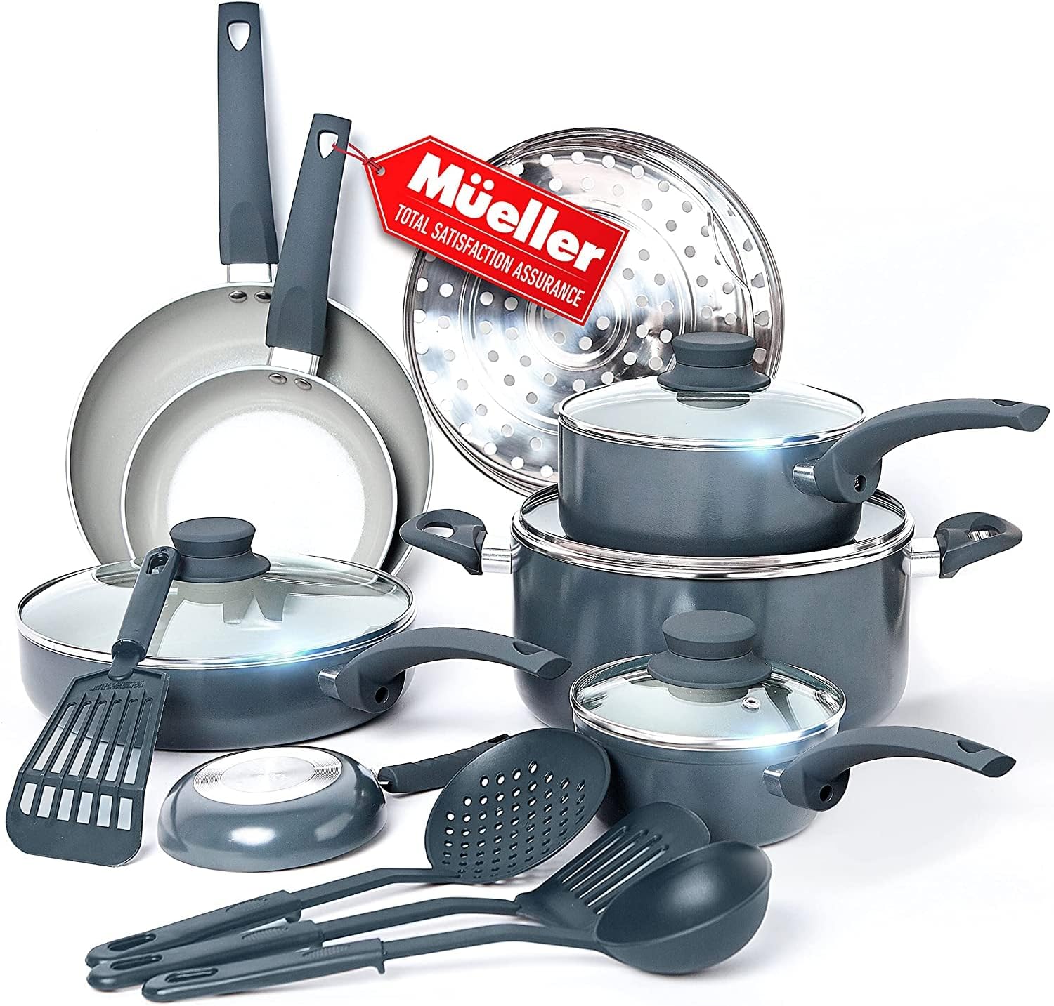 Image of Mueller 16-Piece Nonstick Stone Cookware Set - PFOS/PFOA-Free, Stainless Steamer and Fry Pan, Vented Lids - Light Grey