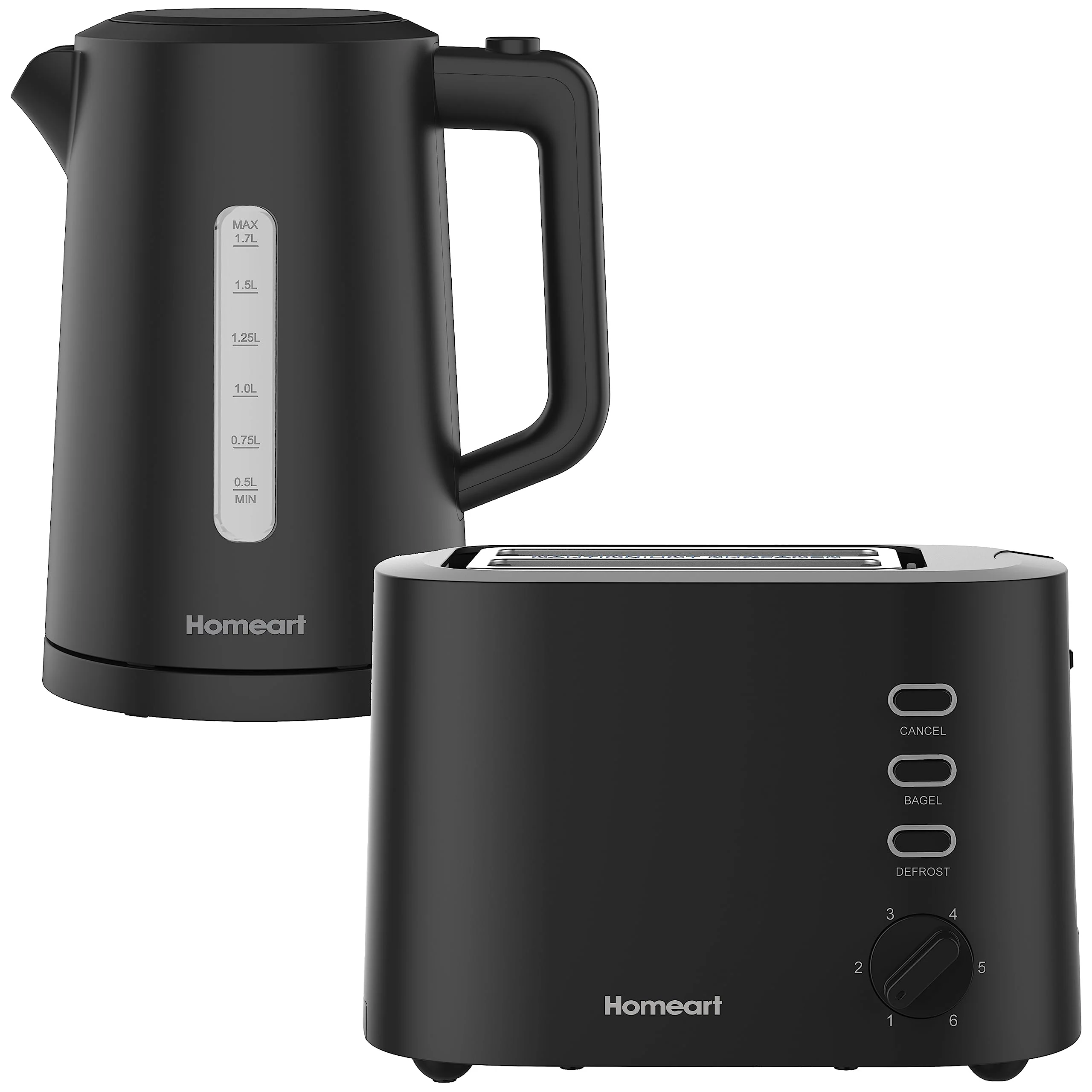 Image of Homeart Staple Cordless Electric Kettle Stainless Steel With Removable Filter and 2-Slice Toaster Stainless Steel With Removable Crumb Tray Combo, Black