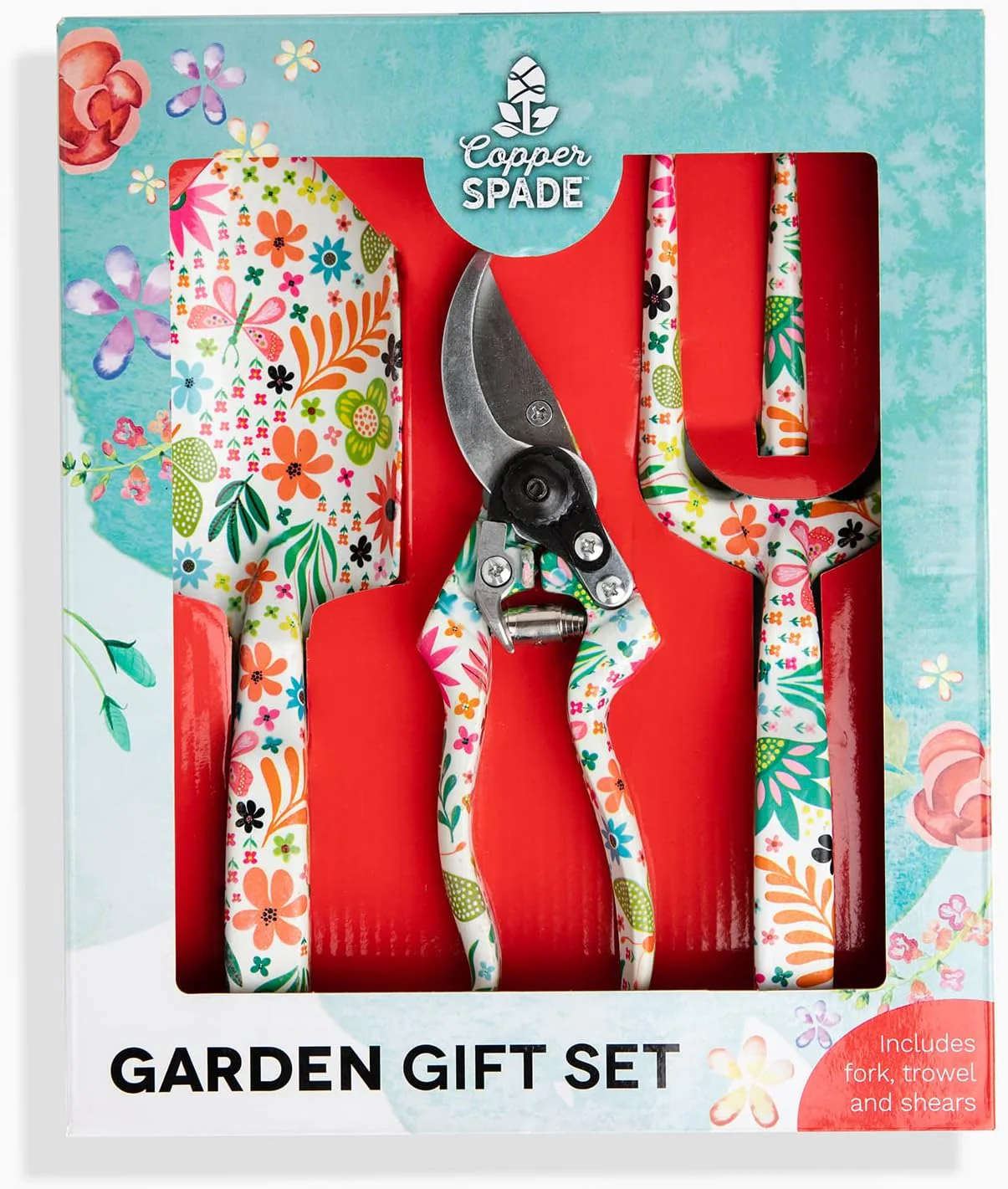 Image of Copper Spade 3 Piece Decorative Butterflies & Flowers Garden Tool Set, Includes Trowel, Pruning Shears & Cultivator Fork