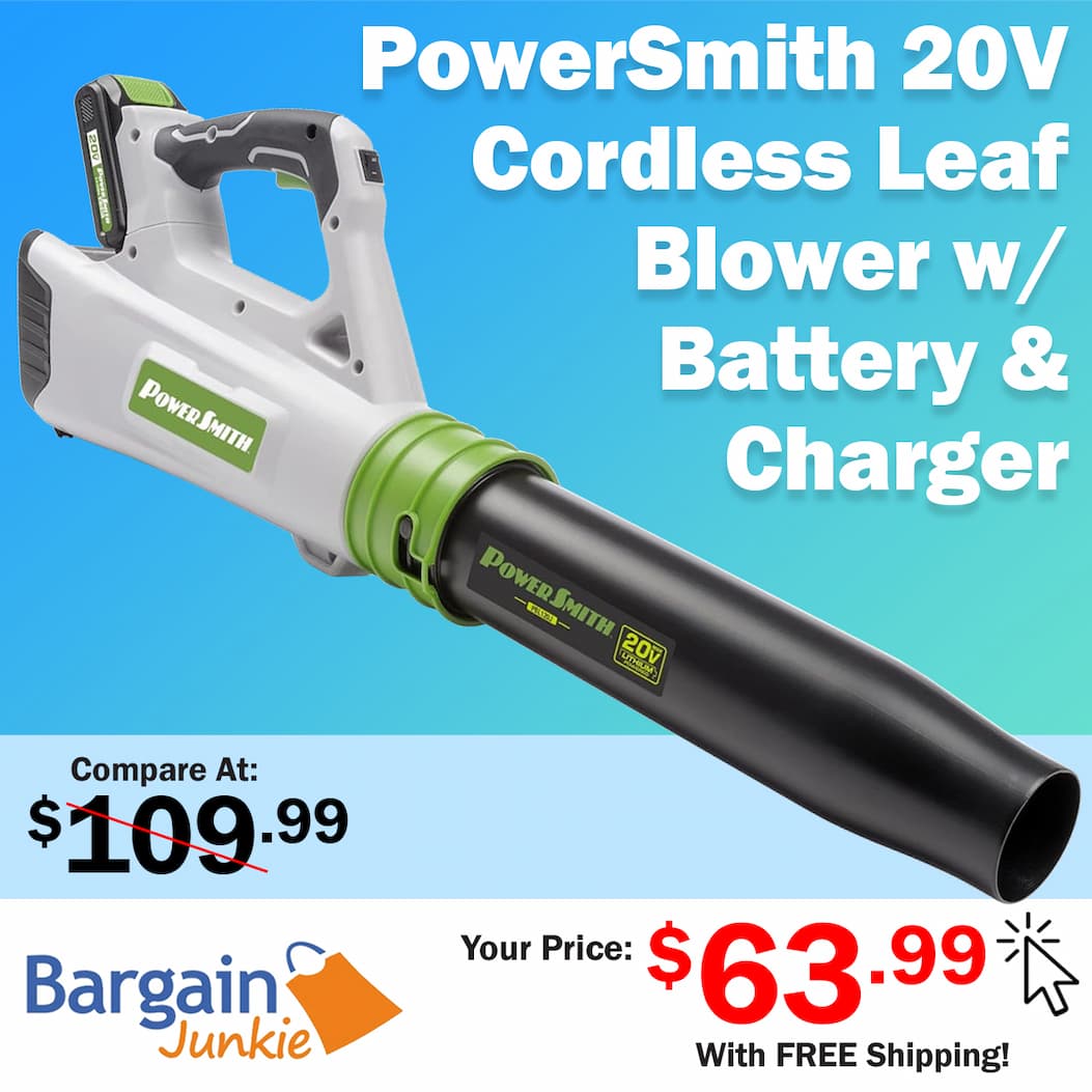 https://www.bargainjunkie.com/products/powersmith-20v-cordless-leaf-blower-with-battery-and-charger-85-mph-310-cfm-2-8-diameter-blower-tube-pbl120j