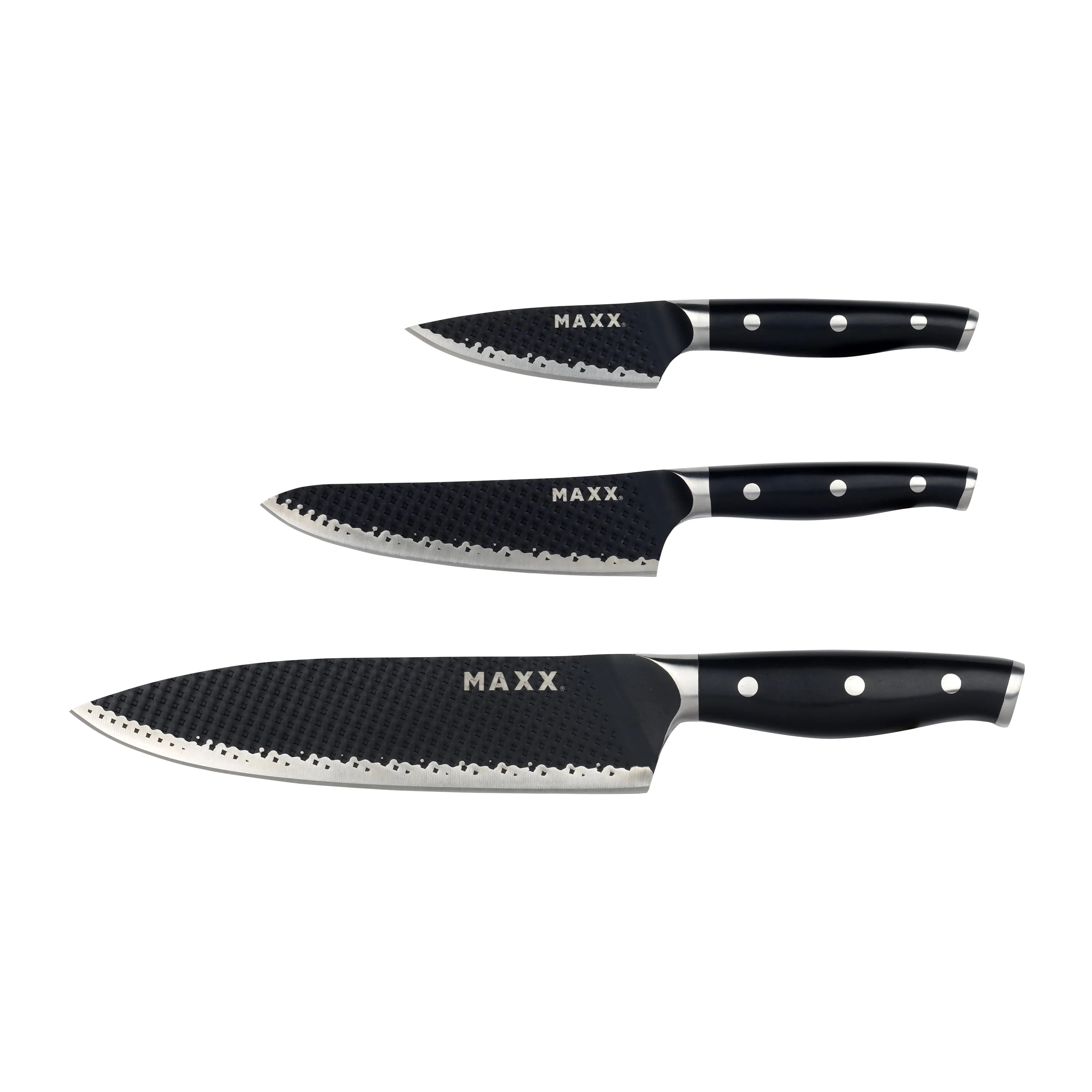 Image of Kalorik MAXX 3-Piece Professional Chef, Prep, and Paring Knife Set, in Stainless Steel/Black (SAK 51317)